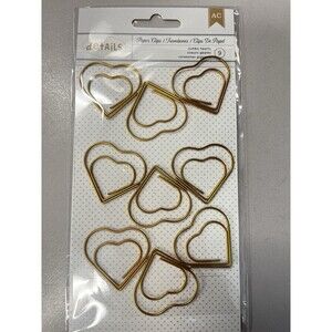 American Crafts Details 9PC Jumbo Gold Color Heart Shaped Paper Clips For Crafts